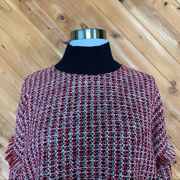 Zara Red Black Mock-Neck Tweed Fringe Pullover Sweater - Picture 8 of 9